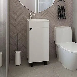 Tuhome Bethel Free-Standing Bathroom Vanity Cabinet with Integrated Resin Sink Basin, One Access Door and Two Interior Shelves, Functional Storage for Toiletries, Compact Design for Small Bathrooms