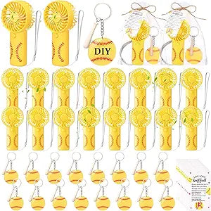 Tuanse 64 Pcs Softball Mini Portable Fan and Softball Acrylic Keychain Set Sport Team Gifts with Motivational Cards Organza Bags Handheld Battery Powered Fan DIY Name Keychains for Summer(Softbal)