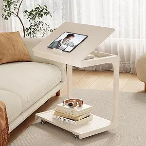 AQIMUELE Wooden C-Shaped End Table,Couch Table with Adjustable Desktop,Small Rolling Side Table with 2 Lockable Wheels 23.6" Width,Small End Table for Couch, Living Room,Bedroom (White)