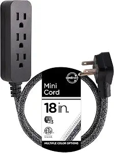 Cordinate Mini 3-Outlet Power Strip, 18 in Braided Extension Cord
