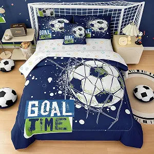 6 Piece Soccer Comforter Set Twin, Blue Soccer Theme Comforter, Soft Microfiber Soccer Bedding Set for Boys Kids (1 Comforter, 1 Flat Sheet, 1 Fitted Sheet, 2 Pillowcase and 1 Pillow Cover)