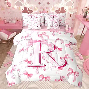 jejeloiu Kids Girls Cute Pink Bow Comforter Set with Sheets Queen 7 Piece
