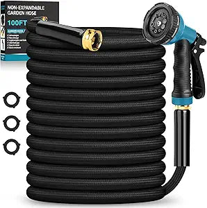 Garden Hose 100FT Non-Expanding, Lightweight Hose With 10-Function Nozzle, Leak-Proof No-Knot, Easy to Carry, Wear-Resistant, Sturdy 3/4GHT Flexible Water Hose for Outdoor (Black with Nozzle)