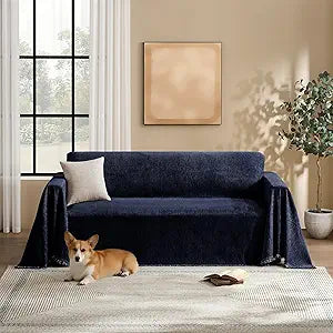 MaymissCouch Cover for Dogs Sectional Sofa Covers Washable for 2 Cushion Couch, Chenille Couch Cover Blanket, Sectional Sofa Slipcovers, Multi-Use Furniture Protector for Kids, Pets, 91" X118", Navy