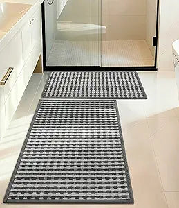 YIHOUSE Grey Bathroom Rugs Set 2 Pieces, Gray Checkered Absorbent Bath Mat Sets Quick Dry, Woven Soft Bath Rugs Non Slip, Thin Washable Rugs for Bathroom(17"x24"+17"x32")