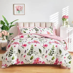 Floral Comforter Sheet Set 7 Pieces Bed in a Bag Queen Size White with Green Leaves Pink Flowers Reversible Bedding Set (1 Comforter 2 Pillow Shams 1 Flat Sheet 1 Fitted Sheet 2 Pillowcases)