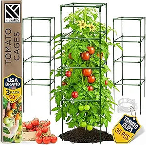 Tomato Cage Square - Large Trellis Stakes and Plant Support Structures for Vegetables and Climbing Plants - Tall Tomato Cages for Garden, Pots, Raised Garden Bed Outdoor Supplies (3 Pack - Up to 58")