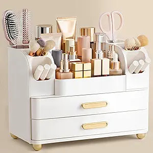 HBlife Makeup Organizer for Vanity with Brush Holder, Large Bathroom Countertop Cosmetic Organizer Skin Care Storage, Easy to Store Lipsticks, Nail Polishes, Perfumes, Eyeshadow Palettes, All White
