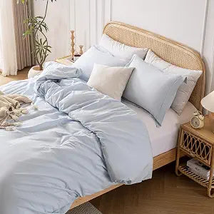 Yibeizi Light Blue 100% Washed Cotton Linen Like Duvet Cover Set Queen Size