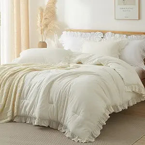 Ruffled Comforter Set Full Size, Cream White Shabby Chic Bedding