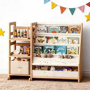 Kids Bookshelf and Toy Storage - 3 Tier Wood Kid Book Shelf for Kids Room, Toddler Bookshelf Book Organizer with Sling Pocket, Baby Bookcase for Nursery, Kindergarten, Playroom - Cream Terrazzo