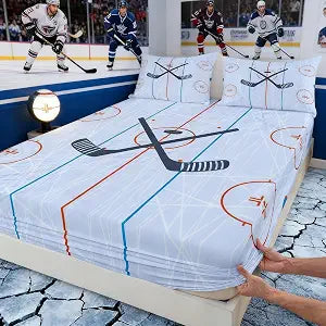 Ice Hockey Kids Fitted Sheet Twin Size,Hockey Stadium Rink Bedding Set,Boys Girls Adults Bedroom Decor,Winter Event Ball Games Lovers Bed Cover,Modern Stylish Bed Sheet,2pcs,1 Pillowcase,No Top Sheet