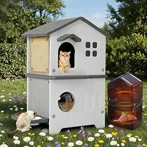 Rockever Outdoor Cat House with Insulated Liner, 100% Insulated Cat Houses for Winter Outside, 2 Story Waterproof Cat House for Outdoor Cats, Sturdy Cat Bowls & Scratch Pads, Clean Easily