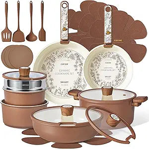CAROTE 25-Piece Ceramic Cookware Set, Nonstick Pots and Pans Set with Detachable Handle, Non-Toxic Kitchen Cooking Set, Dishwasher & Oven Safe, Induction Compatible, PFAS Free, Chocolate