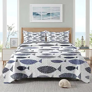 Pamnest Twin Quilt Set, 2 Pieces Coastal Fish Bedding, Bedspread