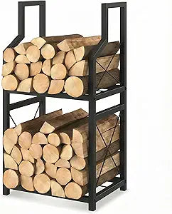 Firewood Rack Indoor Outdoor - 31.5" Vertical Log Holder with Kindling Storage, Heavy Duty 2-Tier Steel Wood Stacker Stand with X-Guardrails for Fireplace, Patio, Porch, Black