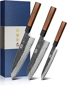 HOSHANHO 3 Pieces Knife Set, Professional Japanese High Carbon Steel Kitchen Knife Set, Ultra Sharp Chef Knives Sets with Octagonal Rosewood Handle