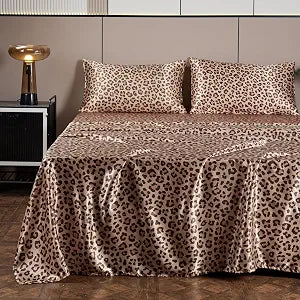 AiMay 4 Piece Queen Size Satin Bed Sheet Set Deep Pocket Golden Leopard Pattern Luxury Silky Super Soft 1 Flat Sheet 1 Fitted Sheet 2 Envelope Pillowcases Wrinkle Free (Golden Leopard, Queen)