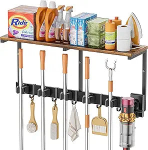Broom Holder Wall Mount with Cleaning Supplies Organizer, Laundry Room Organization and Storage Shelves with Mop Hanger Rack Gripper Hooks, Utility Shelf Closet Organizer for Home Garage Kitchen