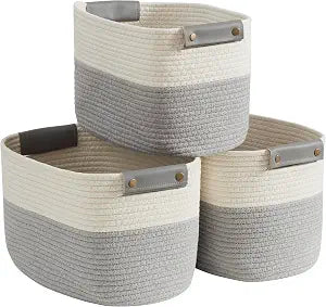 3 Pack Woven Cotton Rope Storage Basket, 15x10x9, White/Gray