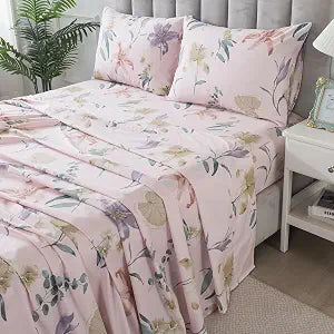 Lemfux Bed Sheet Set 4 Piece Cotton Twin Sheets Set Leaf and Floral Print Farmhouse Shabby Botanical Pattern Bedding Set, Pink 1 Flat Sheet 66"x96", 1 Fitted Sheet 39"x75", 2 Pillowcases 20"x29"