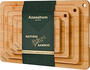 Bamboo Cutting Boards for Kitchen, 4-Piece Wood Cutting Board Set with Juice Grooves & Built-in Handles, Easy Storage & Clean Chopping Board for Meat, Vegetables, Fruit