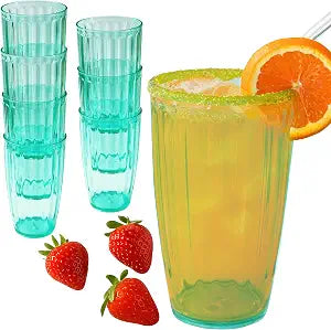 Kate Aspen Teal Fluted Plastic Drinking Glasses Set of 8, 21 oz, Acrylic Glasses Drinkware, Plastic Cups Reusable for Iced Water, Cocktails, Lemonade, BPA-Free Acrylic Glasses Drinkware