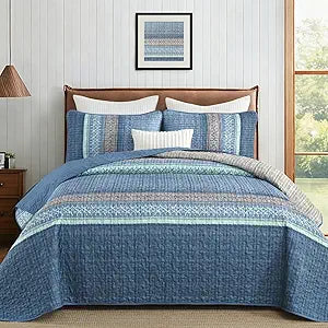 Cottolester Blue Quilt Set King Size,3 Pieces Striped Patchwork Quilted Bedding Sets,Soft Lightweight King Bedspreads Coverlets Bedding Set for All Seasons 110"x90"