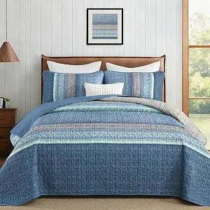 Cottolester Blue Quilt Set Queen,Striped Patchwork Quilt Bedding Set 3 Pcs