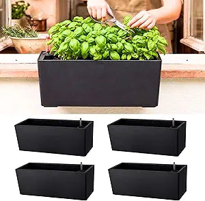 LaLaGreen Wall Planters for Outdoor (14 Inch, 4 Pack) Black Self Watering System Hanging Planter Box Flower Pot, Rectangular Wall Mount Indoor Vertical Living Garden Decoration Window Sill Herb Trendy