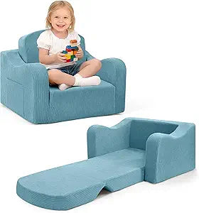 aodisman 2-in-1 Kids Chair and Couch, Thick Cozy Corduroy Kids Sofa, Convertible Foam Seating for Reading, Playing, Removable Washable Cover,Blue