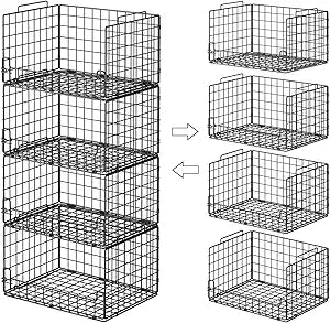 4-Tier Stackable Closet Organizers and Storage Basket - Foldable Closet Shelf Organizer System, Sturdy Metal Space-Saving Clothes Storage Bins for Wardrobe, Black