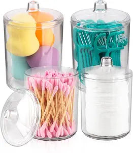 Qtip Holder Set, 4 Pack Clear Plastic Apothecary Jars with Lids Cotton Swabs Holder, Cotton Balls Storage, Bathroom Canisters & Vanity Organizer for Q-Tips, Floss Picks