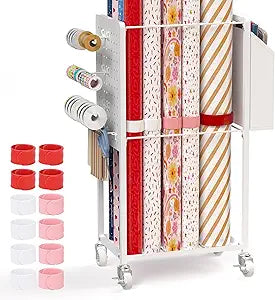 Gift Wrapping Station with 12PCS Slap Bands, Rolling Wrapping Paper Cart Station Organizer Gift Wrap Storage, Ribbon Holder Rack, Craft Organizers and Storage Christmas
