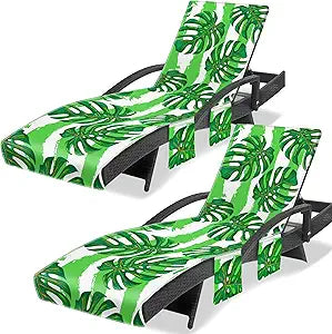 Lounge Chair Towel Cover, Chaise Lounge Cover (Pack of 2), Beach Chair Covers with 3 Pockets for Pool Sunbathing Beach Garden Courtyard Outdoor Trips, 85 x30 in, Green Leaves