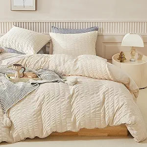 WARMDERN Duvet Cover Set Super King Size, 3pcs Washed Microfiber Beige Bedding Set, Soft Breathable Striped Textured Seersucker Duvet Cover with Zipper Closure & Corner Ties(Beige, Super King)