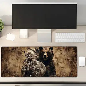 Native American Warrior and Bear Mouse Pad Gifts 31.5" x 11.8", Non-Slip Rubber Base MousePads for Computers Laptop School Office Home Accessories Decor, Mouse Pad, Keyboard Desk Mat