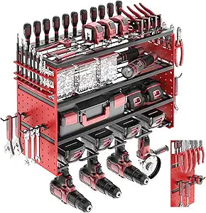 Power Tool Organizer Wall Mount, Cordless Drill Hanger Storage Rack 8 Drill Holder, 4 Layer Heavy Metal Large Capacity Tool Rack for Garage Organization (Red, 4 Drills Holder)