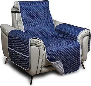 Quilted Recliner Chair Cover,with Pockets Furniture Protector,Washable Reclining Couch Covers for Pets, Dogs(Blue 23.6")
