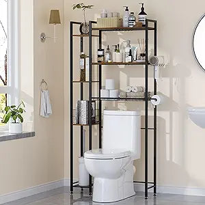 Over The Toilet Storage with Wooden Shelves and Side Rack, 7-Tier Metal Over Toilet Bathroom Organizer Freestanding Storage Shelf for Toilet Paper, Towels, Toiletries, Ideal for Small Bathroom