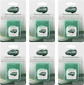OraMD Oral Care Pure Unwaxed Dental Floss 54.6 Yards - PFAS-Free, Chemical Free, Shred Resistant - Unscented and Ultraclean Plaque Removal - Teeth and Gum Protection for Adults - Pack of 6