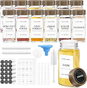 ZEHIQ 12Pcs 4oz Square Glass Spice Jars with Labels and Acacia Wood Lids