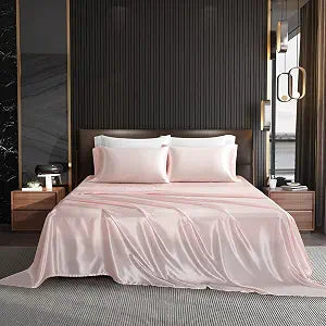 NA HommxJF 4PCS Blush Pink Satin Sheets Queen Size Silky Sheets Sets Lightweight Soft Bedding Sets with 1 Flat Sheet+1 Deep Pocket Fitted Sheet+2 Pillowcases (Blush Pink, Queen)