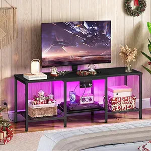 HOOBRO TV Stand with Charging Station to 55 Inches, LED Entertainment Center, Media TV Console Table with Open Storage Shelving for Living Room, Bedroom, Black BB122UDDS01