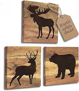 HomeRustique Real Wooden Cabin Decor with Bear, Deer and Moose (Set of 3) - Woodland Rustic Cabin Wall Decor & Art for Home, Living Room, Hunting Theme, Mountain Lodge or Bathroom
