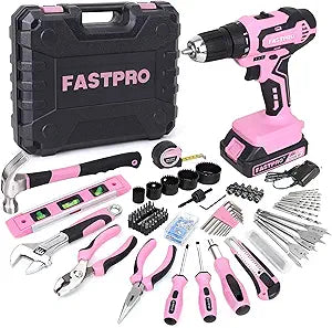 FASTPRO 177-Piece 20V Pink Cordless Drill Driver and Home Tool Set, Lady's Home Repairing Tool Kit with Drill in Storage Case