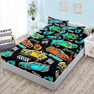 HOSIMA Cartoon Sports Car Twin Fitted Sheet,1 Fitted Sheet+2 Pillowcases.
