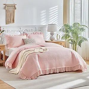Pink Ruffle Quilt Set Full/Queen Size, 3 Pieces Shabby Chic Farmhouse Striped Bedspread Coverlet Set, Solid Lightweight Soft Microfiber Bed Cover for All Season (1 Ruffled Quilt + 2 Pillow Shams)