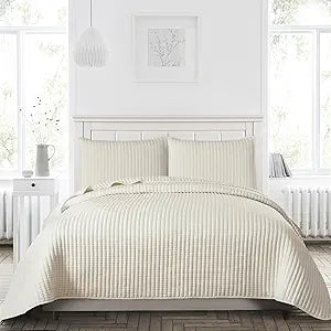 Petrichor Ivory Quilt Queen Size Bedspread-Pre-Washed Lightweight & Thin for All Seasons,Ultra Soft & Breathable Comforter,Machine Washable,3-Piece Set:1Quilt(90" x96) and 2 Pillow Shams(20"x26")