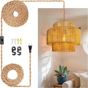 Hanging Light Ceiling Lamp Pendant Lights Rattan Hanging Lamp with Plug in Cord for Living Room Bedroom Kitchen Indoor Hanging Lamp Plug in Woven Lampshade